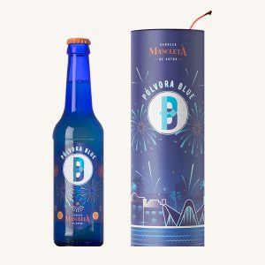 Pólvora Blue organic artisan signature beer (cerveza de autor), blonde ale, from Valencia, with canister, bottle 33cl